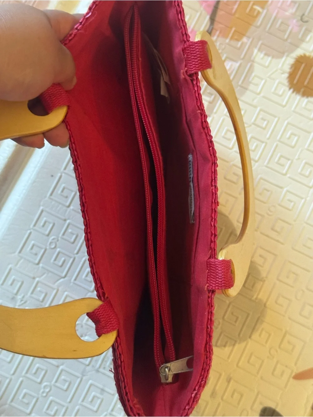 Faded glory Wood-Handle Pink Woven Tote Bag